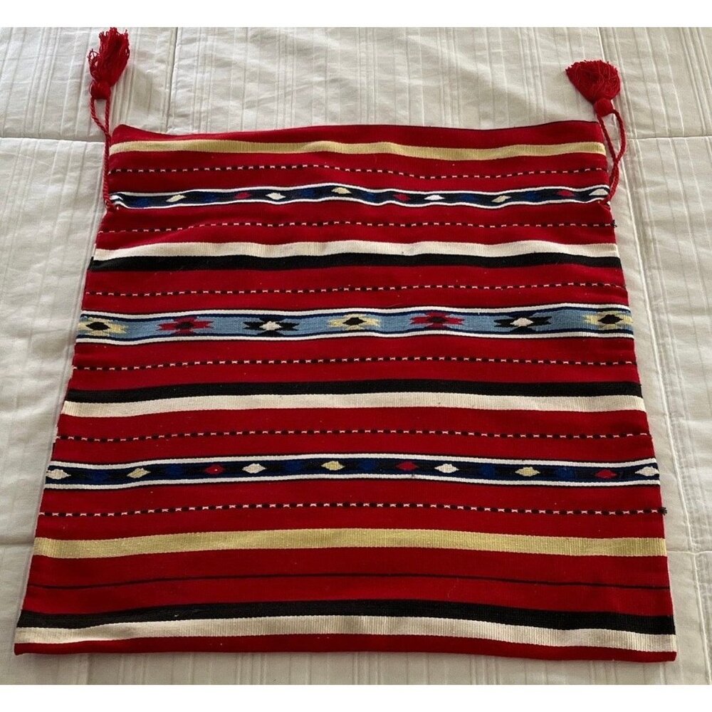 Vintage 1970's  Handmade Romanian Drawstring Bag Purse Red Classic Romanian Text